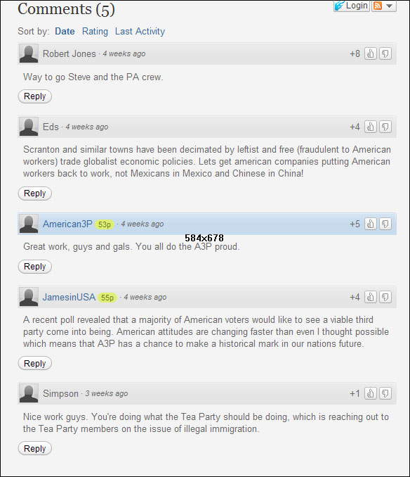 Comment section of the A3P Tea Party page
